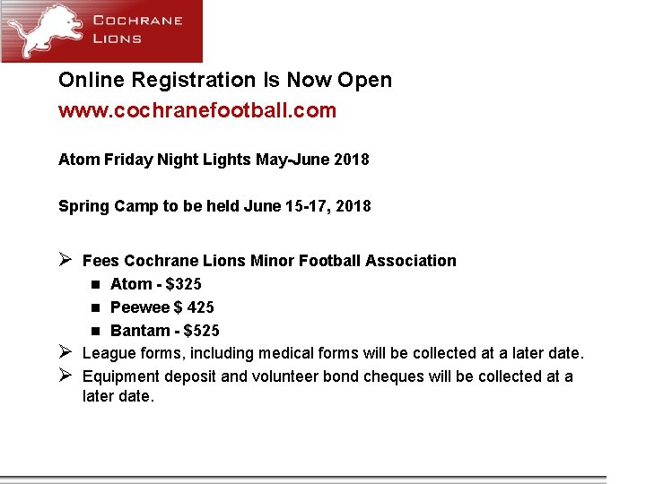 Online Registration Is Now Open www. cochranefootball. com Atom Friday Night Lights May-June 2018