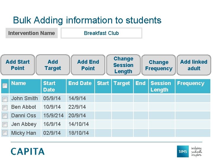 Bulk Adding information to students Intervention Name Add Start Point Name Add Target Start