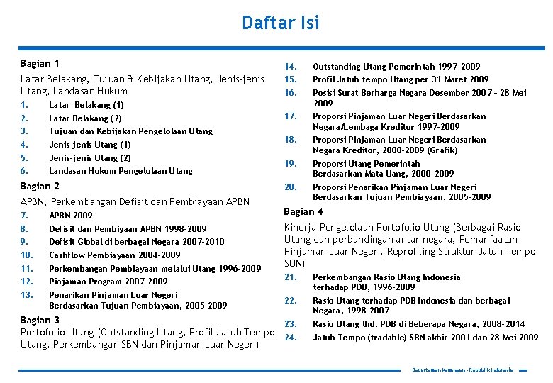 Daftar Isi Bagian 1 14. Outstanding Utang Pemerintah 1997 -2009 Latar Belakang, Tujuan &