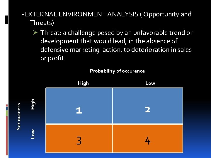 -EXTERNAL ENVIRONMENT ANALYSIS ( Opportunity and Threats) Ø Threat: a challenge posed by an