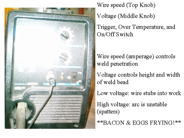 Wire speed (Top Knob) Voltage (Middle Knob) Trigger, Over Temperature, and On/Off Switch Wire