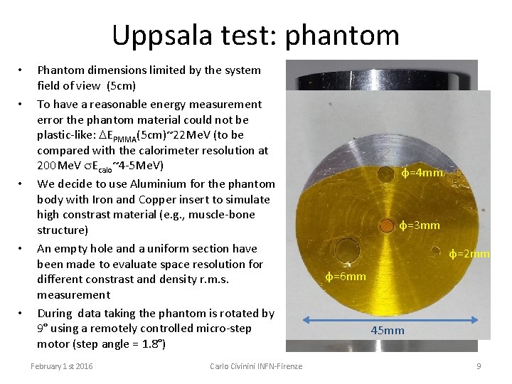 Uppsala test: phantom • • • Phantom dimensions limited by the system field of
