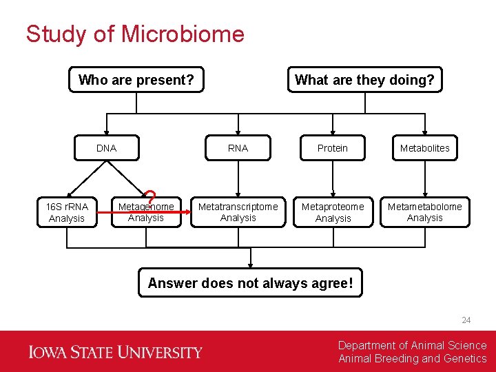 Study of Microbiome Who are present? DNA 16 S r. RNA Analysis ? Metagenome