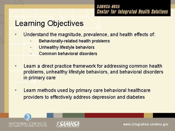 Learning Objectives • Understand the magnitude, prevalence, and health effects of: • • •