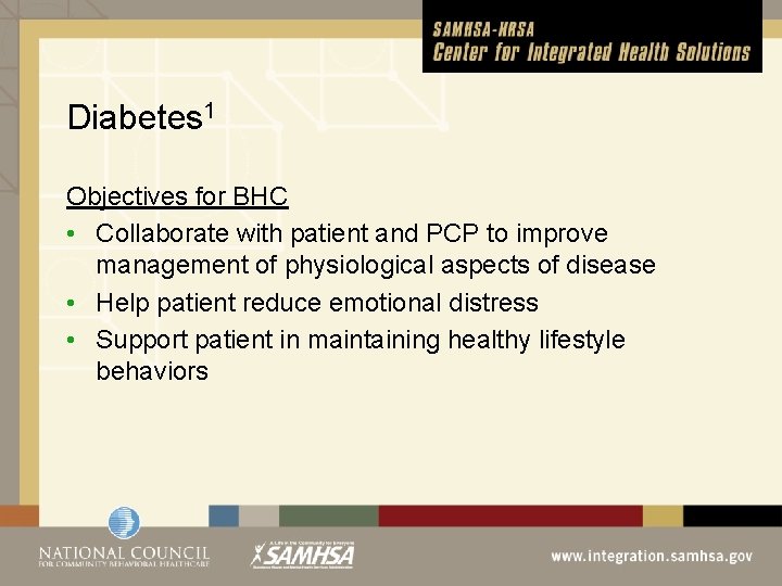 Diabetes 1 Objectives for BHC • Collaborate with patient and PCP to improve management