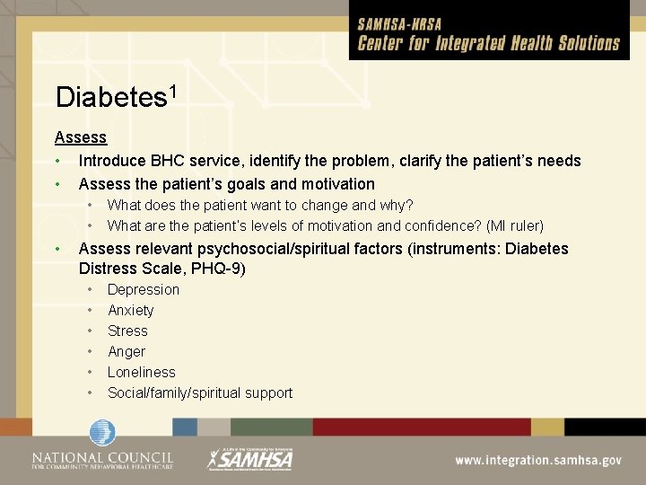 Diabetes 1 Assess • Introduce BHC service, identify the problem, clarify the patient’s needs
