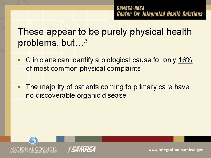 These appear to be purely physical health problems, but… 5 • Clinicians can identify