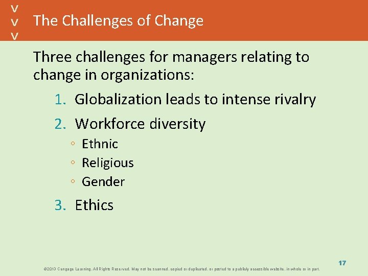 The Challenges of Change Three challenges for managers relating to change in organizations: 1.