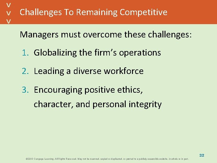 Challenges To Remaining Competitive Managers must overcome these challenges: 1. Globalizing the firm’s operations