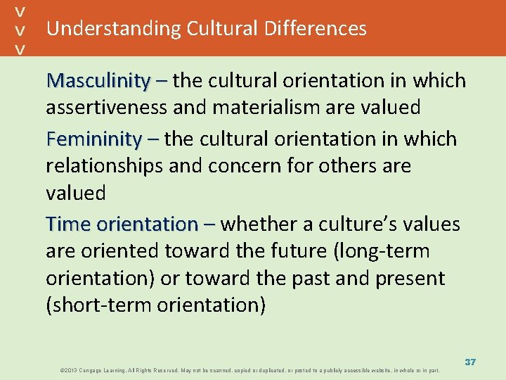 Understanding Cultural Differences Masculinity – the cultural orientation in which assertiveness and materialism are