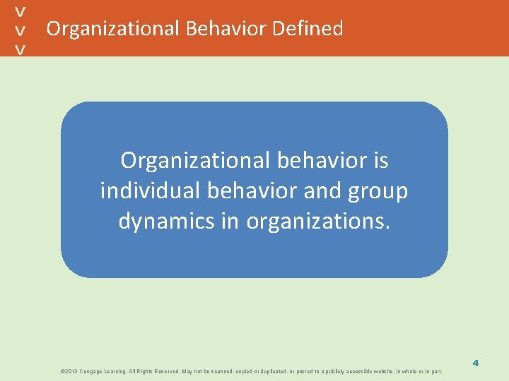 Organizational Behavior Defined Organizational behavior is individual behavior and group dynamics in organizations. ©