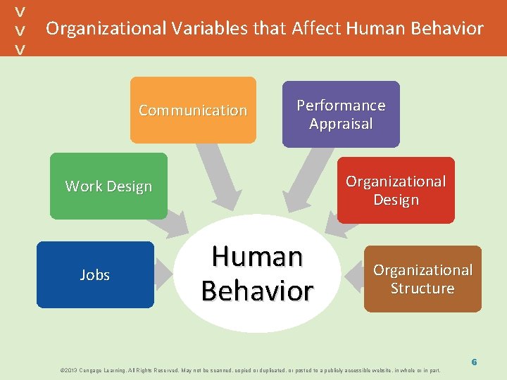 Organizational Variables that Affect Human Behavior Communication Performance Appraisal Organizational Design Work Design Jobs