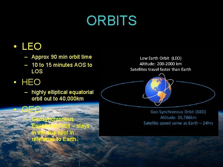 ORBITS • LEO – Approx 90 min orbit time – 10 to 15 minutes