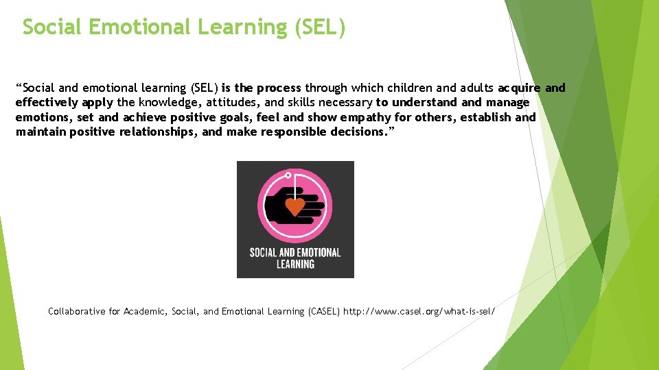 Social Emotional Learning (SEL) “Social and emotional learning (SEL) is the process through which