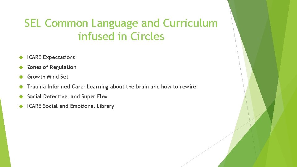 SEL Common Language and Curriculum infused in Circles ICARE Expectations Zones of Regulation Growth