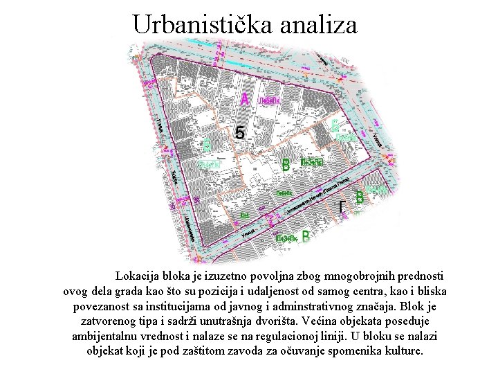 Urbanistička analiza Lokacija bloka je izuzetno povoljna zbog mnogobrojnih prednosti ovog dela grada kao