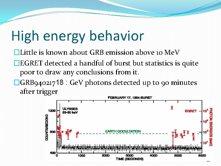 High energy behavior �Little is known about GRB emission above 10 Me. V �EGRET