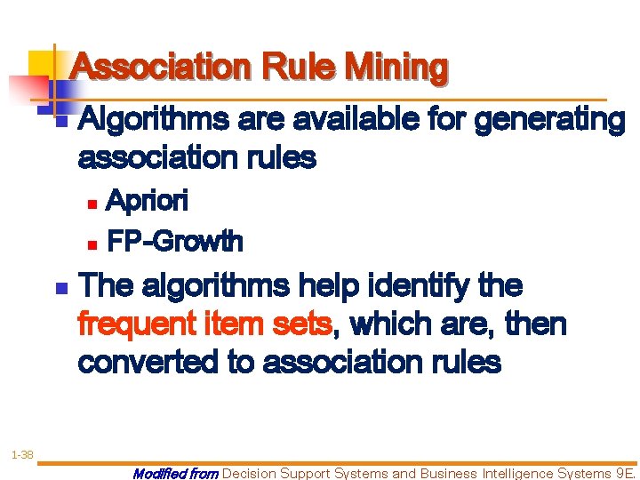 Association Rule Mining n Algorithms are available for generating association rules Apriori n FP-Growth