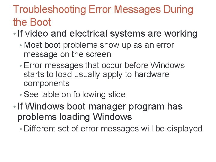 A+ Guide to Hardware, Sixth Edition 48 Troubleshooting Error Messages During the Boot •