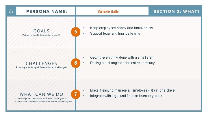 Sample Sally 5 • • Keep employees happy and turnover low Getting everything done