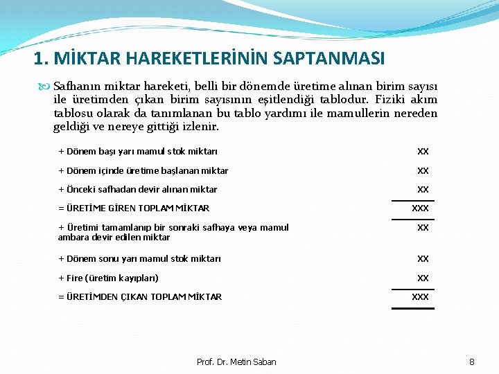 1. MİKTAR HAREKETLERİNİN SAPTANMASI Safhanın miktar hareketi, belli bir dönemde üretime alınan birim sayısı