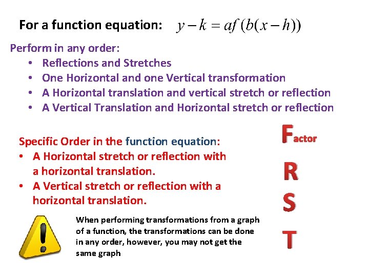 For a function equation: Perform in any order: • Reflections and Stretches • One