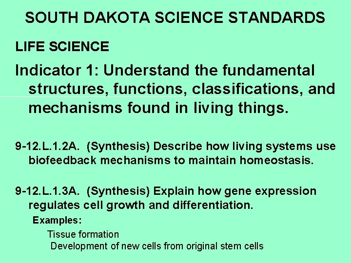 SOUTH DAKOTA SCIENCE STANDARDS LIFE SCIENCE Indicator 1: Understand the fundamental structures, functions, classifications,