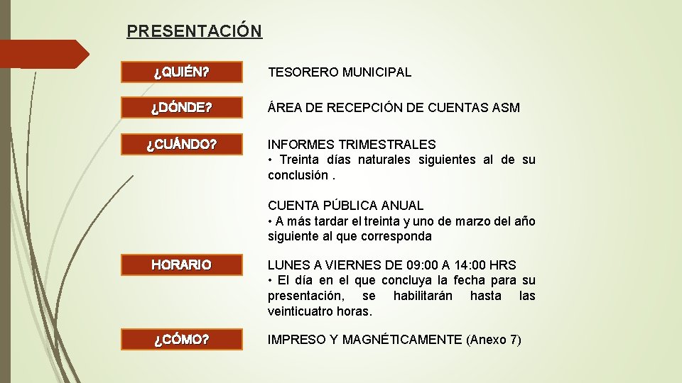 PRESENTACIÓN ¿QUIÉN? TESORERO MUNICIPAL ¿DÓNDE? ÁREA DE RECEPCIÓN DE CUENTAS ASM ¿CUÁNDO? INFORMES TRIMESTRALES