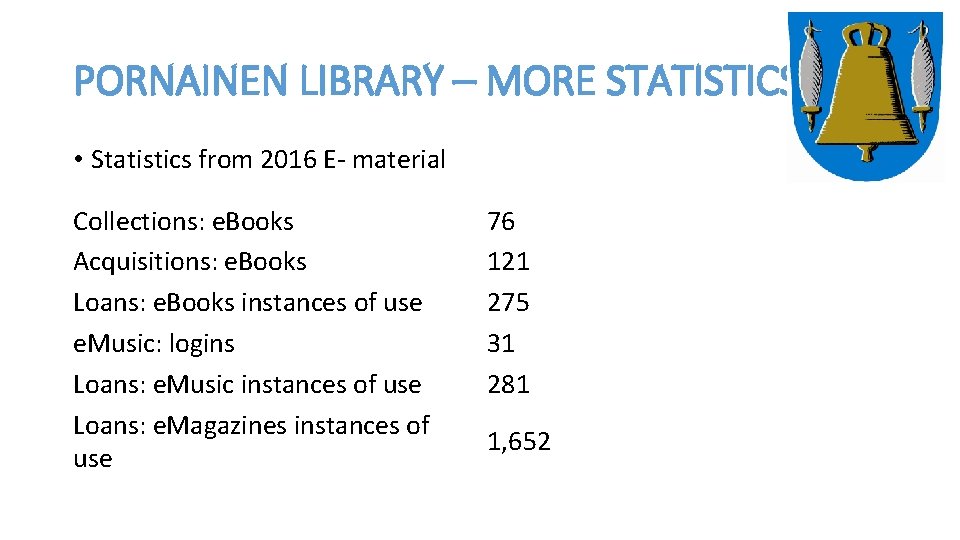 PORNAINEN LIBRARY – MORE STATISTICS • Statistics from 2016 E- material Collections: e. Books