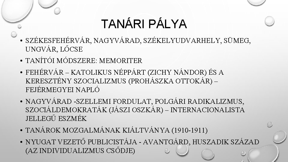 TANÁRI PÁLYA • SZÉKESFEHÉRVÁR, NAGYVÁRAD, SZÉKELYUDVARHELY, SÜMEG, UNGVÁR, LŐCSE • TANÍTÓI MÓDSZERE: MEMORITER •