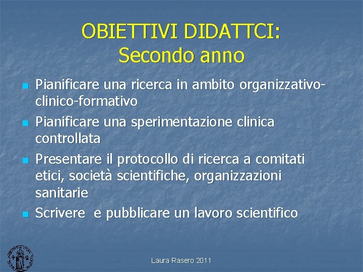 OBIETTIVI DIDATTCI: Secondo anno n n Pianificare una ricerca in ambito organizzativoclinico-formativo Pianificare una