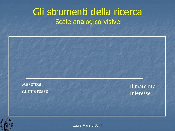 Gli strumenti della ricerca Scale analogico visive Assenza di interesse il massimo interesse Laura