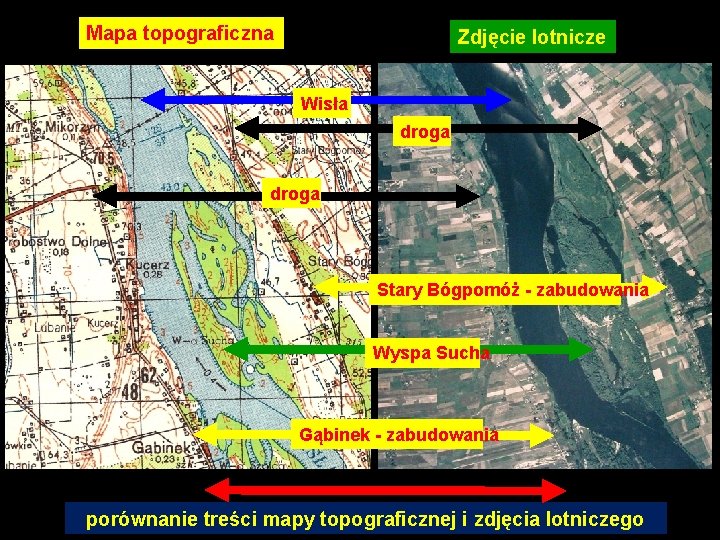 Mapa topograficzna Zdjęcie lotnicze Wisła droga Stary Bógpomóż - zabudowania Wyspa Sucha Gąbinek -