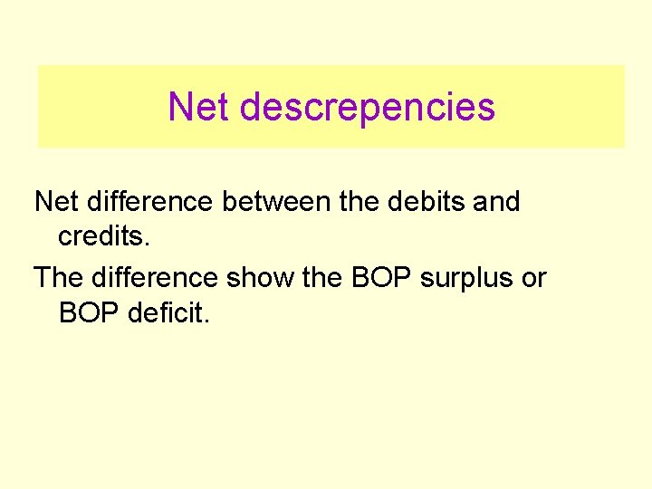 Net descrepencies Net difference between the debits and credits. The difference show the BOP