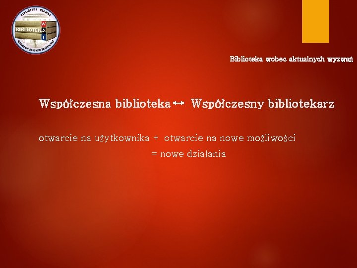 Biblioteka wobec aktualnych wyzwań Współczesna biblioteka Współczesny bibliotekarz otwarcie na użytkownika + otwarcie na