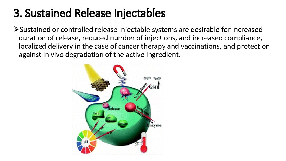3. Sustained Release Injectables ØSustained or controlled release injectable systems are desirable for increased