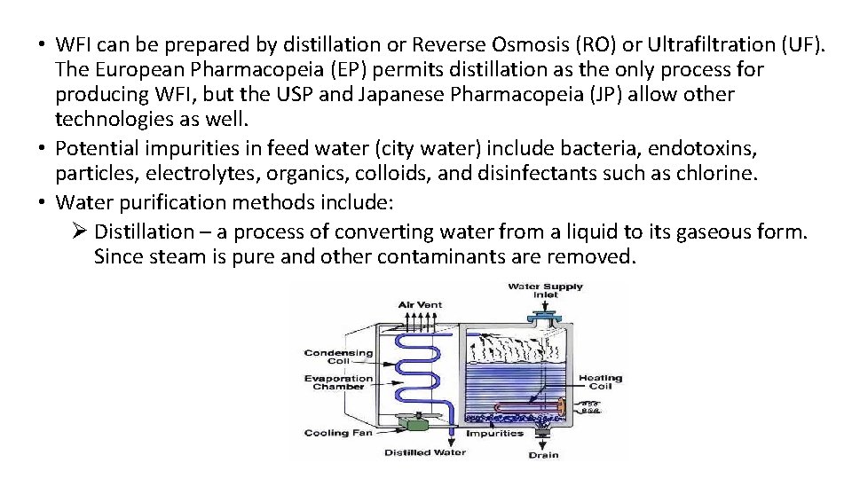  • WFI can be prepared by distillation or Reverse Osmosis (RO) or Ultrafiltration
