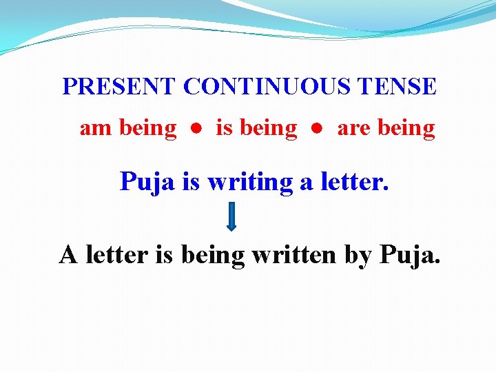 PRESENT CONTINUOUS TENSE am being ● is being ● are being Puja is writing