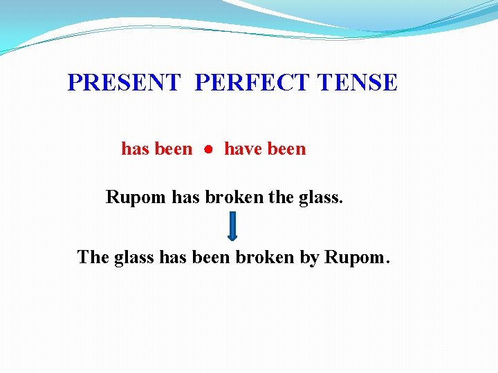 PRESENT PERFECT TENSE has been ● have been Rupom has broken the glass. The