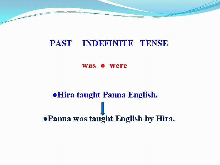 PAST INDEFINITE TENSE was ● were ●Hira taught Panna English. ●Panna was taught English