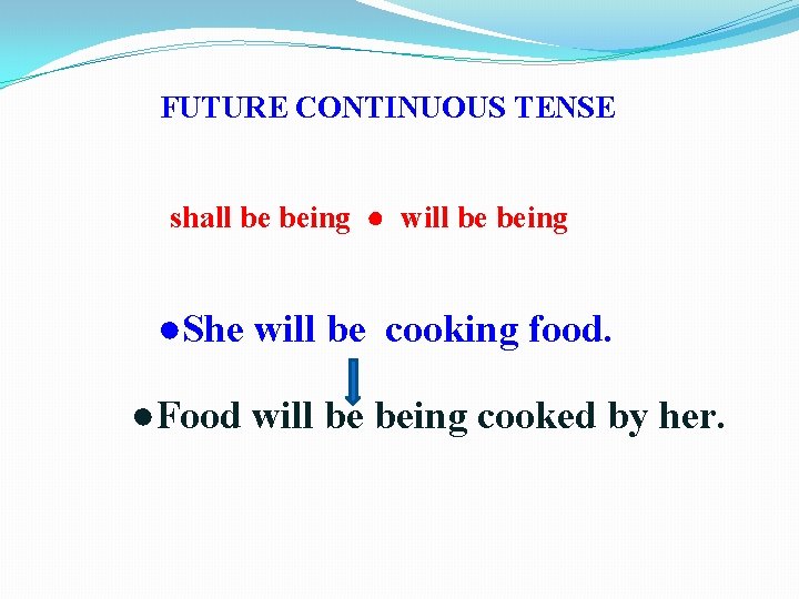 FUTURE CONTINUOUS TENSE shall be being ● will be being ●She will be cooking