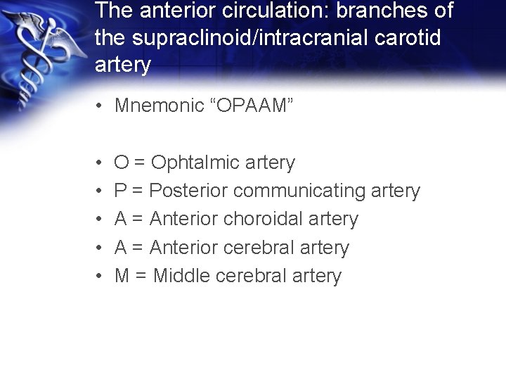 The anterior circulation: branches of the supraclinoid/intracranial carotid artery • Mnemonic “OPAAM” • •