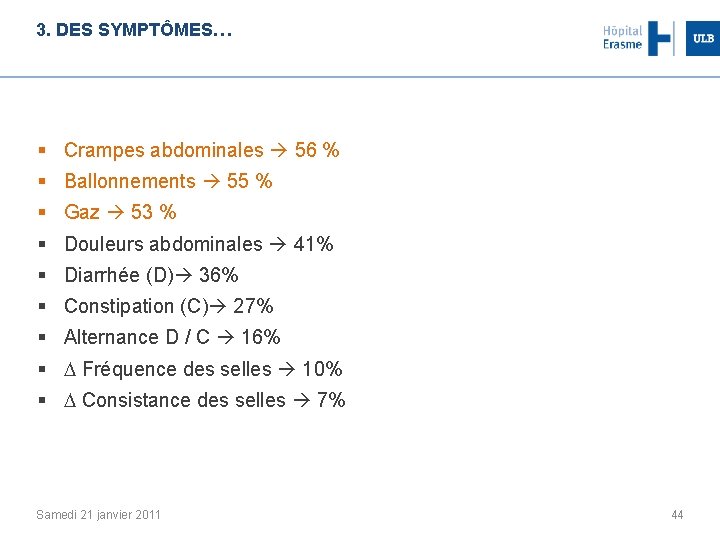 3. DES SYMPTÔMES… § Crampes abdominales 56 % § Ballonnements 55 % § Gaz