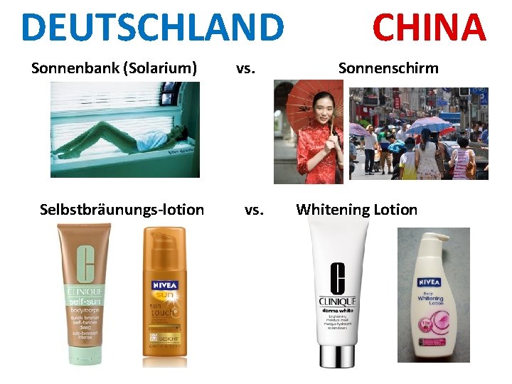 DEUTSCHLAND Sonnenbank (Solarium) Selbstbräunungs-lotion vs. CHINA Sonnenschirm Whitening Lotion 