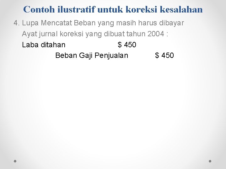 Contoh ilustratif untuk koreksi kesalahan 4. Lupa Mencatat Beban yang masih harus dibayar Ayat Contoh ilustratif untuk koreksi kesalahan 4. Lupa Mencatat Beban yang masih harus dibayar Ayat