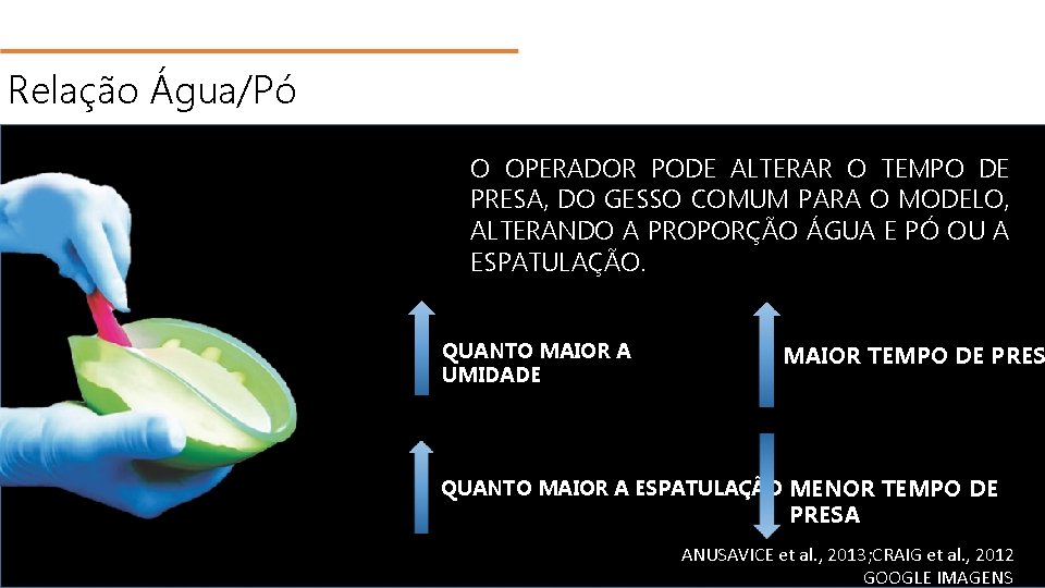 Relação Água/Pó O OPERADOR PODE ALTERAR O TEMPO DE PRESA, DO GESSO COMUM PARA