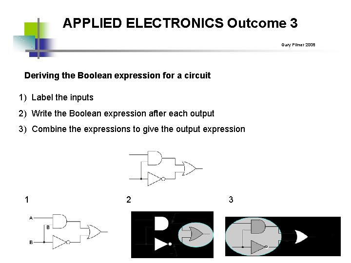 APPLIED ELECTRONICS Outcome 3 Gary Plimer 2008 Deriving the Boolean expression for a circuit