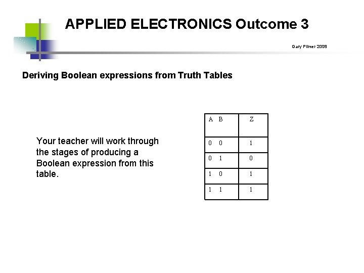 APPLIED ELECTRONICS Outcome 3 Gary Plimer 2008 Deriving Boolean expressions from Truth Tables Your