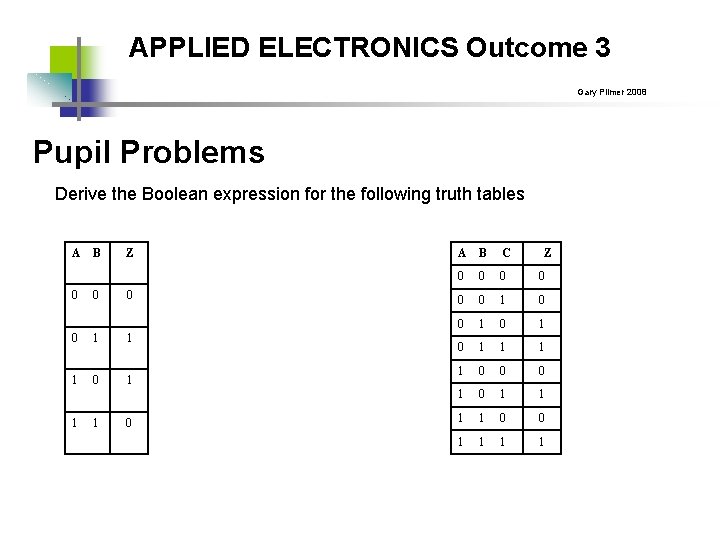 APPLIED ELECTRONICS Outcome 3 Gary Plimer 2008 Pupil Problems Derive the Boolean expression for