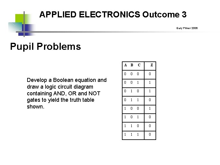 APPLIED ELECTRONICS Outcome 3 Gary Plimer 2008 Pupil Problems Develop a Boolean equation and